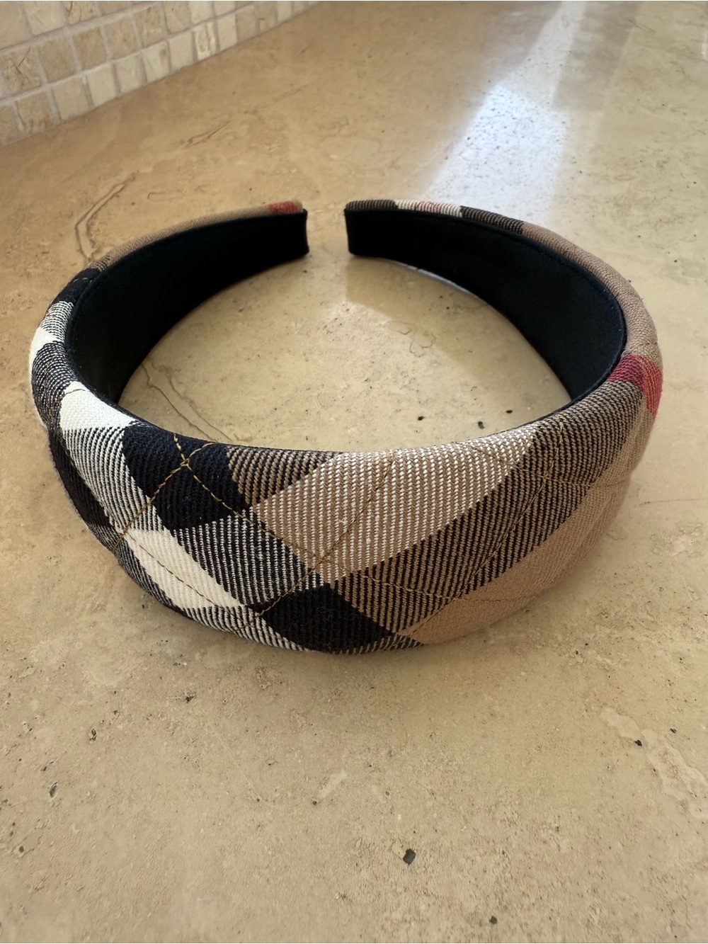 Authentic Burberry Classic Check 2” Wide Padded Headband Beige Plaid